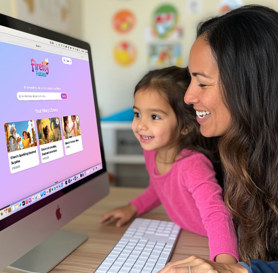 Parent and child selecting a story theme