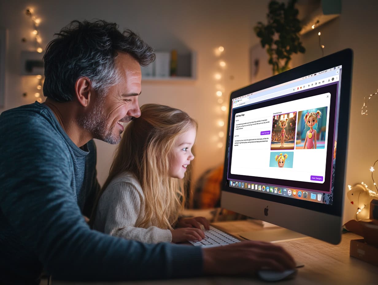 Parent and child customizing their story together