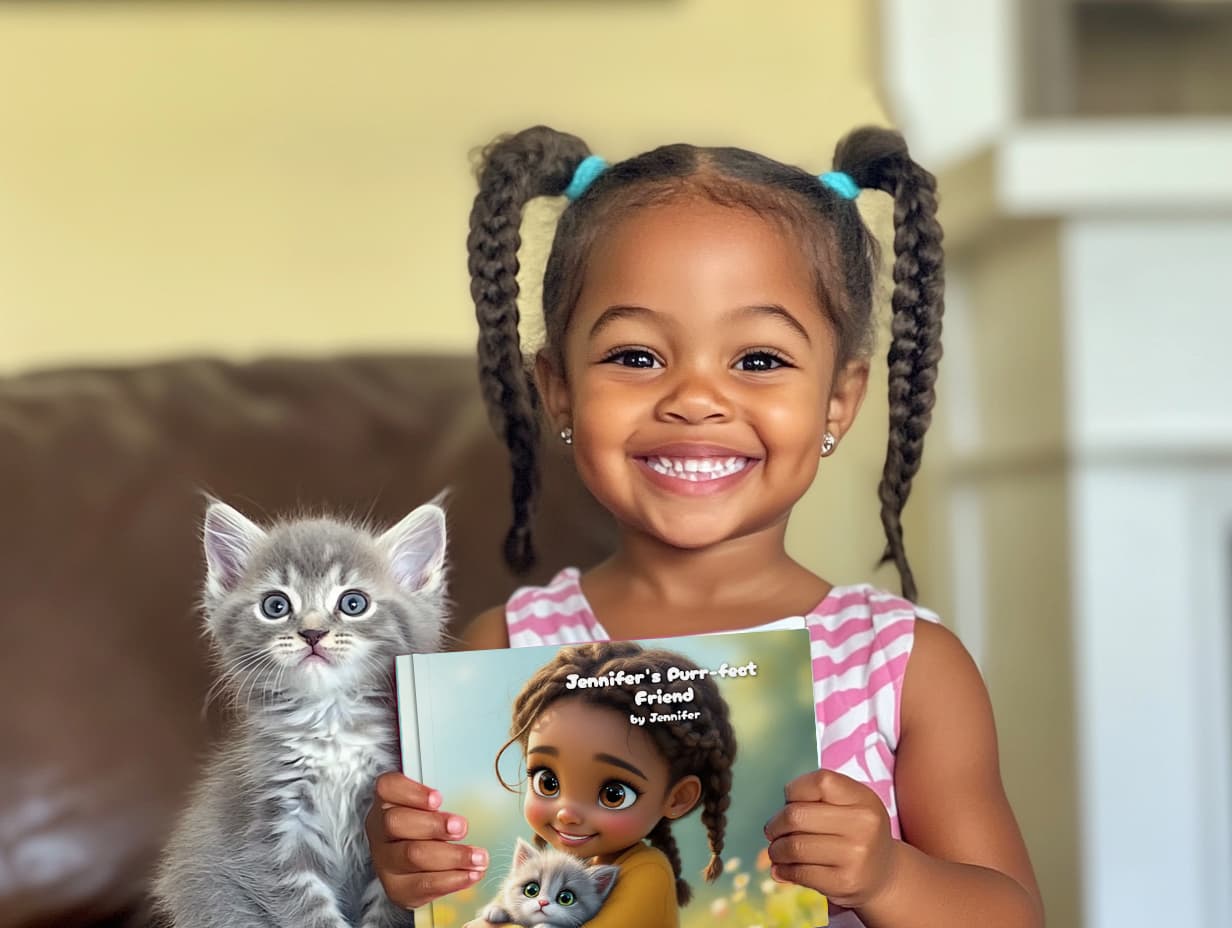 Child with their personalized storybook featuring their illustrated character
