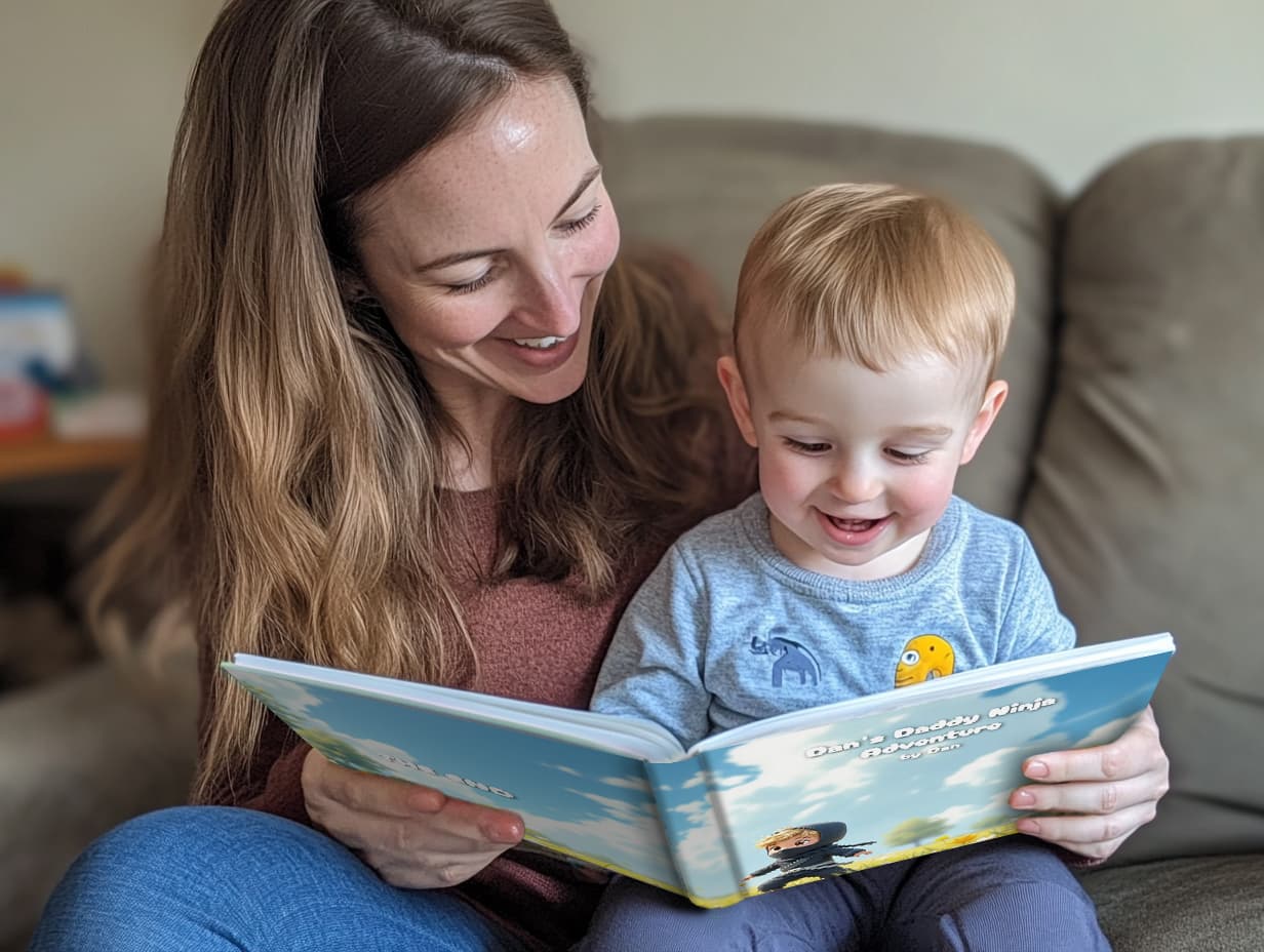 A parent and child sharing a joyful moment reading a storybook together